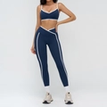 Dark blue two-piece yoga set with white trim, thin strap bra and V-cross waist leggings - S / V-Neck Strappy Bra & Leggings Set / Navy Blue