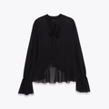 Detail of black long-sleeve chiffon blouse with bow tie neck and ruffled elastic cuffs - XS / Black