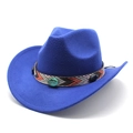 Close-up of ethnic woven band with turquoise stone on blue felt cowboy hat - M (56-58cm) / Blue