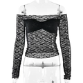 Top aderente in pizzo nero trasparente con spalle scoperte e maniche lunghe da donna - S / Nero