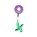 Purple flower belly button ring with opal center and green leaf metal piercing jewelry - Purple Opal Flower Style