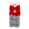 Set of four polyester fabric hair bows for kids in classic red and grey on white card - Red/Grey