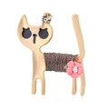 Detail of vintage cat brooch with gold plating, brown fabric wrap, and pink floral accent - Matte Gold Cat