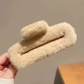 Large plush hair claw clip in soft beige winter faux fur design for thick hair styling - 13cm / Khaki