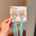 Handmade light blue floral hair clips with long silk tassels and pearls for Hanfu dresses - 26# Xingyao Blue Long Ribbon