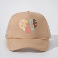 Casquette trucker beige avec imprimé cœur coloré texte peace et arrière en maille - Taille unique / Kaki