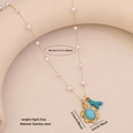 Faux pearl necklace with golden sea turtle and turquoise coral pendant charm - Turtle Style