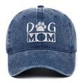 Detailed close-up of navy blue washed cotton baseball cap with Dog Mom embroidery - Navy Blue
