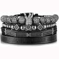 Men's black beaded bracelet set featuring crown charm and roman numeral cuff - Black Set 4pcs (Crown + Cube + Pagoda Tube + Roman Bangle)