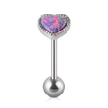 Silver stainless steel heart-shaped tongue ring with purple opal and beaded edges - 1.6*16*5*7mm / Pink Purple (OP38)
