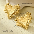 Macro detail of large gold heart earrings with hammered texture and beaded edges - Beaded Texture Large Heart Style (NMSE-F614-1)