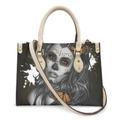Sugar Skull pattern tote bag with orange butterflies and cream handles for women - Painted Sugar Skull Girl Butterfly - Off-White Strap