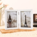 White wood grain double folding picture frame with 4x6 inch vintage photos and hinges - White Double