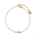 Detail of gold stainless steel bracelet with white beads and a small cross charm - Gold White Beads