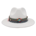 Detail of bohemian white cowboy hat band with turquoise stone, tassels and beads - White (Ethnic Decorative Band)
