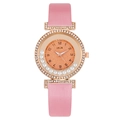 Elegant rose gold women's quartz watch with pink leather strap and rhinestone bezel - Red