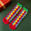 Fuzzy Christmas socks with colorful argyle pattern and white snowflake embroidery - One Size / Argyle