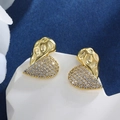 Golden heart stud earrings with sparkling white zircons and hammered metal texture - Patchwork Heart (052)