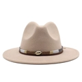 Detail of khaki fedora hat featuring a brown leather band and metallic shell ornament - M (56-58cm) / Light Purple Grey