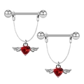 Silver stainless steel nipple rings with red heart pendants and silver wings decorations - Silver Winged Red Heart (1 Pair)