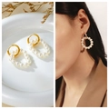 Elegant gold titanium hoop earrings with white pearls, shown on model and flat lay - 19# Pearl Circle Hook