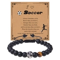 Soccer charm bracelet with black beads and tiger eye stone on inspirational card - Soccer Bracelet-4-Woven (Woven Rope + Silver Soccer Bead + Tiger Eye)