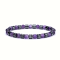 Handmade beaded bracelet with purple amethyst stones and metallic spacers on white background - 6mm Hematite & Amethyst