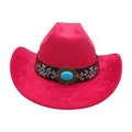 Cappello da cowboy rosa in feltro con fascia etnica ricamata e gemma turchese centrale - Rosso Rosa (Fascia con Ricamo Floreale)