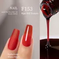 Tomato Red nail gel F153 shown in matte and glossy finish with high pigmentation - F153 Ripe Tomato Red