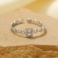 S925 sterling silver hollow letter B ring with pavé diamonds and chain band design - Silver-Letter B