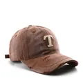 Coffee brown vintage washed baseball cap with white 3D embroidered T and distressed details - Brown