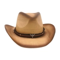 Brown straw western cowboy hat featuring vintage bull skull and rivet leather band - One Size / Beige Brown (Large Bull Head)