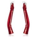 Long shiny red patent leather gloves for cosplay with a metallic finish on white display - Finger Hook / Red
