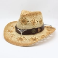 Gevlochten cowboyhoed met opengewerkt design, leren band en zilveren stierenkop decor - M(56-58cm) / Licht Kaki (01)