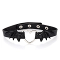 Sexy black PU leather choker with silver heart ring and bat wings for Halloween cosplay - Black