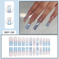 Blue French ombre coffin press-on nails with 3D white flowers and pearl chain decor - SGCY-265 / Glue Type