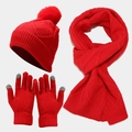 Macro detail of red knitted winter set including pom-pom hat, scarf, and touch screen gloves - Red