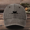 Vintage brown cotton baseball cap featuring minimalist black cat embroidery on front - One Size / Coffee