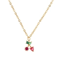 Gold chain necklace with cherry pendant featuring red and green zircon crystals - Red Cherry Style (XL00051)