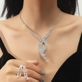 Silver rhinestone jewelry set with water drop pendant necklace and fringed ring - Streamline Pendant Necklace Ring Set (DTN14026230S)