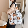 White canvas tote bag with brown cartoon bear prints and high capacity shoulder strap - White Canvas Cartoon Bear