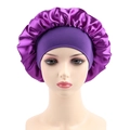 Deep purple satin sleep bonnet with wide elastic band on a mannequin head - One Size / Dark Purple