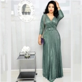 Robe longue verte métallisée élégante avec col en V, manches longues et ceinture assortie - 3XL / Vert malachite