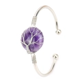 Detail showing handmade silver wire wrapped tree of life on round purple amethyst bangle - Silver+Amethyst