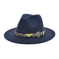 Detail of navy blue wool fedora hat featuring a stylish snakeskin band and golden buckle - M (56-58cm) / Navy Blue