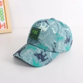 Detail of gray-blue kids baseball cap with green dinosaur prints and square logo label - 52cm Recommended 2-5 Years / Light Blue - Dinosaur