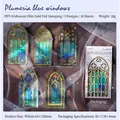 Adesivi in PET Plumeria blu con motivi di vetrate colorate europee in stile vintage - Finestra Blu Plumeria