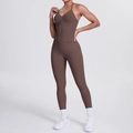 Braunes nahtloses Yoga-Set mit High-Waist-Leggings und V-Ausschnitt-Sportoberteil - Kaffeebraun