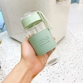 Minimalist clear glass bottle with green faux leather sleeve and carrying strap - 340ml / Without Tea Infuser / Cyan