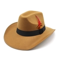 Classic camel wool felt fedora hat with black band and decorative red feather - M (56-58cm) / Khaki